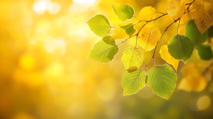 A cluster of green birch leaves is beginning to turn yellow, signaling the onset of autumn against a warm, softly lit background