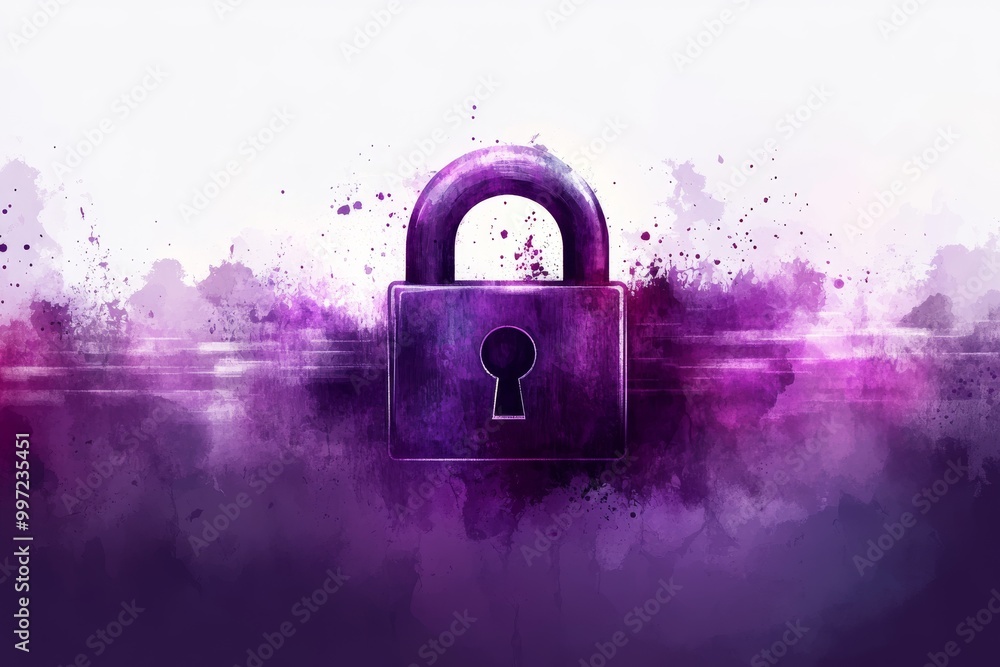 Poster purple and pink padlock surrounded by cosmic dust symbolizing encryption data security and online pr