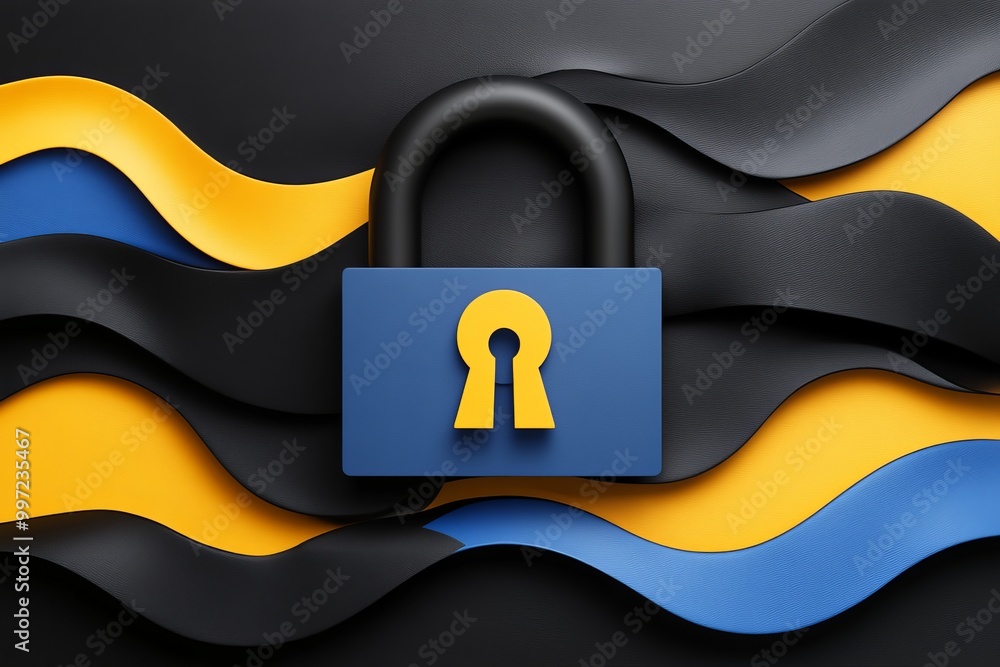 Aufkleber abstract blue padlock design floating among black and yellow waves representing encryption data secu