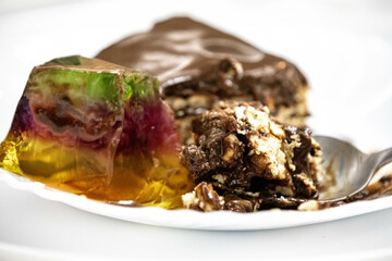 Classic chocolate pavé served with colored gelatin. perfect combination of flavors