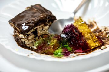 Classic chocolate pavé served with colored gelatin. perfect combination of flavors