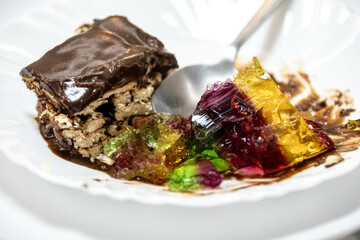 Classic chocolate pavé served with colored gelatin. perfect combination of flavors