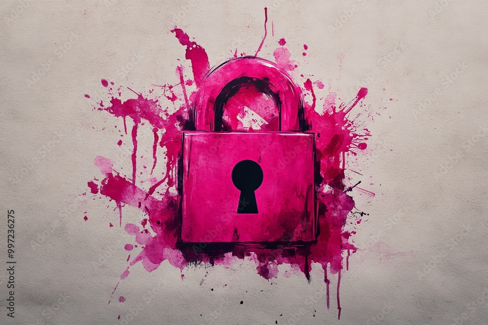 Poster splattered pink paint forming a bold padlock on a textured background representing encryption data s
