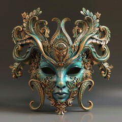 Fototapeta premium A teal and gold Venetian mask with intricate detailing.