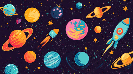 An illustration of various space symbols with a cosmic design and vibrant colors.