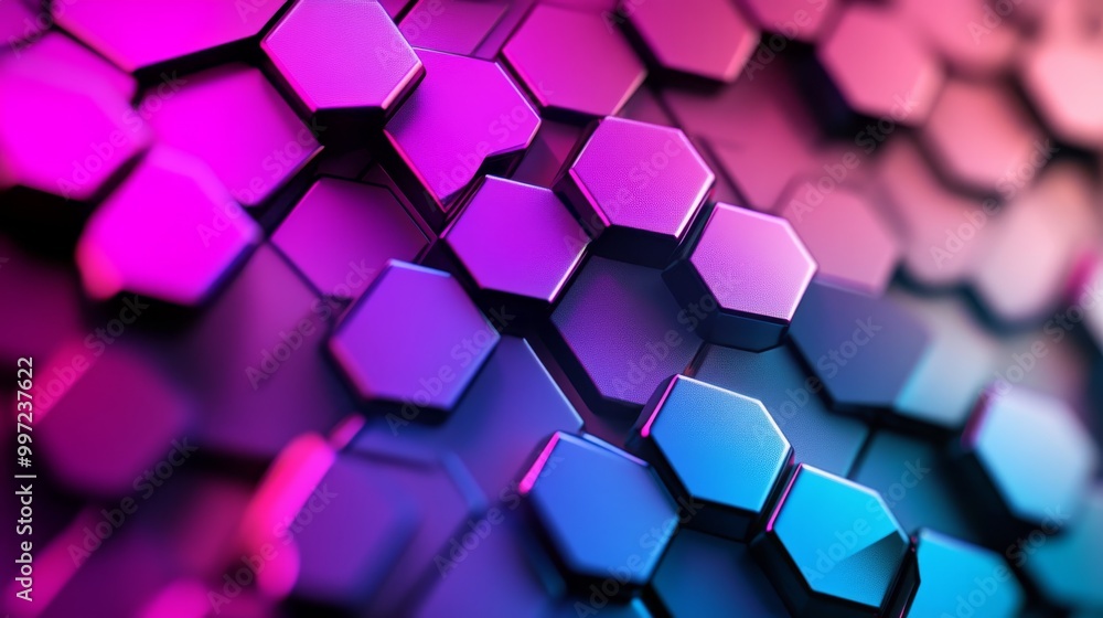 Poster the artwork features an array of hexagons displaying a mesmerizing blend of purple, pink, and blue g