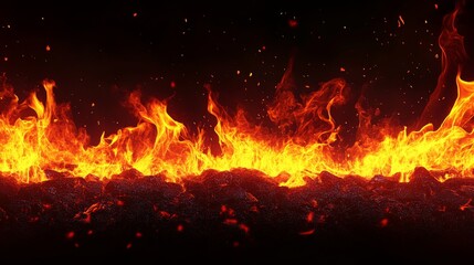 A captivating image of fierce, vibrant flames dancing on a bed of glowing embers, set against a dark backdrop, evoking feelings of intensity and power.