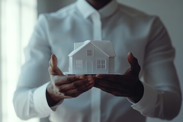 A Person Holds a Small Architectural Model of a House in a Well-Lit Indoor Space During the Day