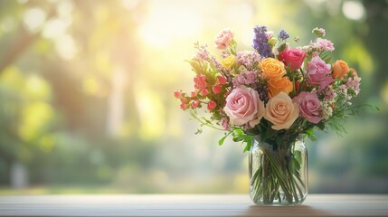 Obraz premium Colorful mixed flowers in a glass vase rest on a light wood table, beautifully lit by soft sunlight, creating a cheerful ambiance. Generative AI