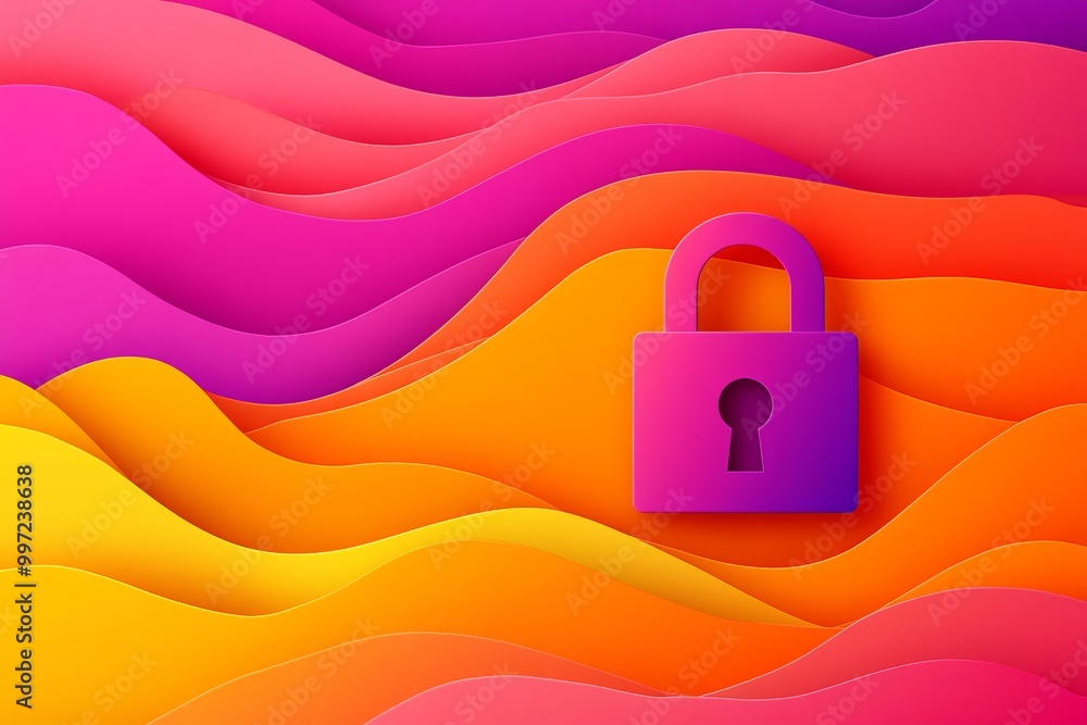 Canvas Prints Bold pink padlock floating in abstract layers of vibrant orange and pink waves symbolizing data security encryption and protection in a bright creative design