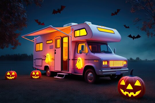 Spooky Halloween 3D Render of Haunted RV with Glowing Ghosts and Flying Bats