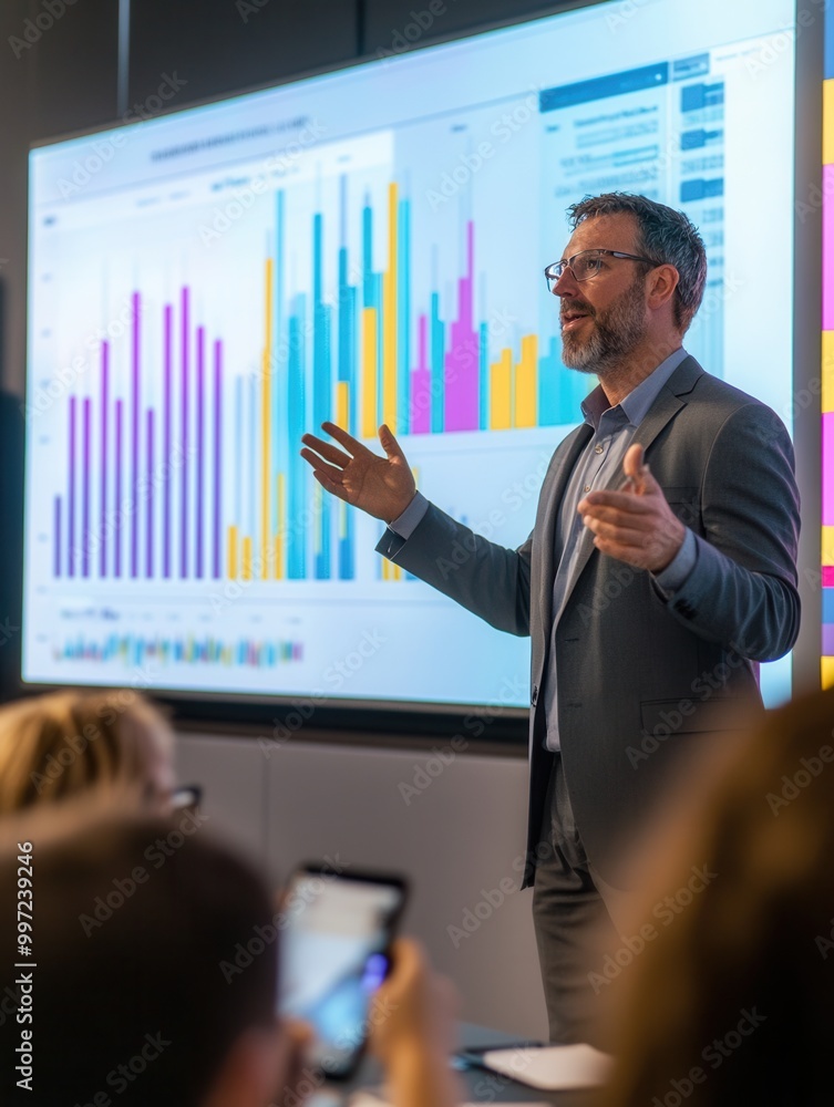 Poster An expert delivers an engaging presentation on data analytics, using vibrant charts to capture the audience's attention and interest. Generative AI