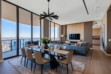 Fototapeta premium Stylish Apartment Design with Expansive Dining Area and Open Living Room Showcasing Stunning Panoramic Views