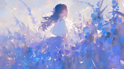  girl with long black hair and white short-sleeved shirt, stands   amidst a background of blue flowers and clouds