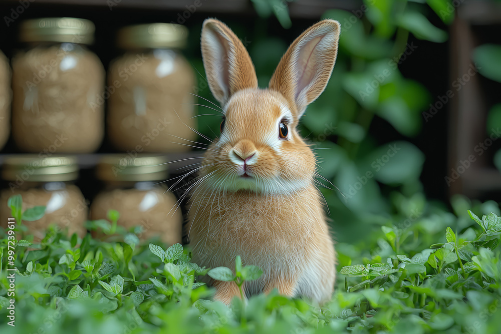 Poster a fluffy rabbit sitting in a patch of green grass, twitching its nose and looking curiously at the c