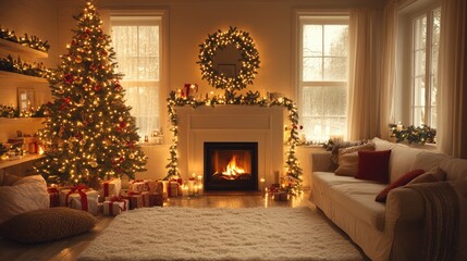 cozy winter living room with a fireplace, white walls, and neutral decorations, featuring comfortable armchairs with soft blankets, a wood stack, a Christmas tree