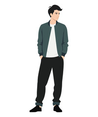 Vector illustration of a man in a dark green jacket and dark pants