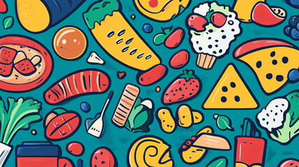 An illustration of various food-related symbols with a fun and colorful design.
