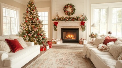 cozy winter living room with a fireplace, white walls, and neutral decorations, featuring comfortable armchairs with soft blankets, a wood stack, a Christmas tree