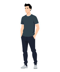 Vector illustration of a man in a dark gray t-shirt and blue jeans