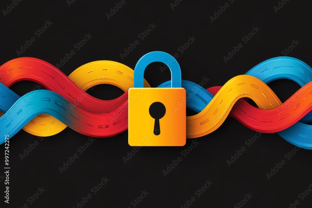 Poster yellow padlock surrounded by vibrant intertwined blue and red waves symbolizing encryption data secu