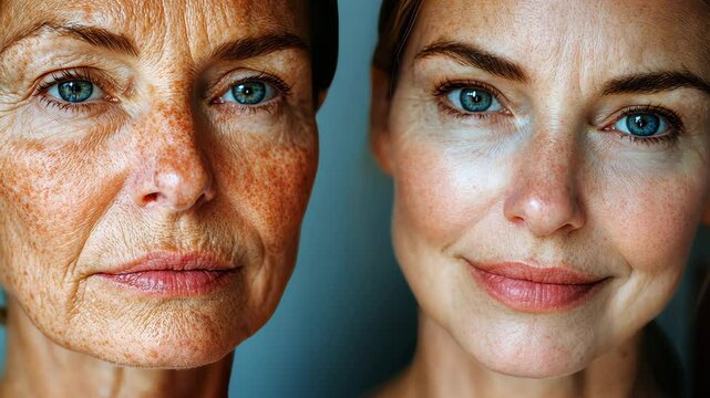 Before and after portrait of an older woman showing skin transformation over time.