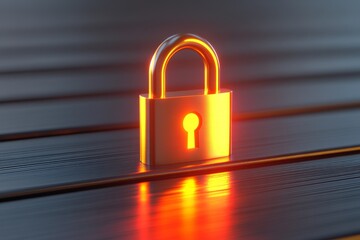 Fototapeta premium Illuminated golden padlock with glowing edges floating on a reflective surface representing data encryption protection and security in a high tech environment