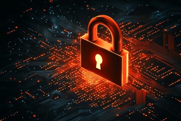 Glowing orange padlock in a sea of digital circuits symbolizing encryption data protection and cybersecurity in a futuristic high tech environment