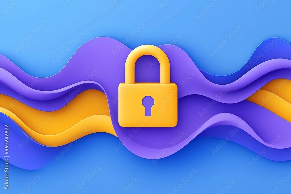 Poster bright yellow padlock floating on flowing waves of blue and purple symbolizing encryption data secur