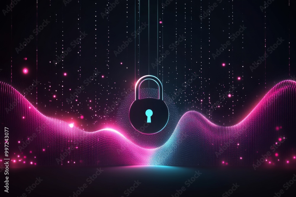 Poster bright pink padlock in a futuristic landscape of flowing neon waves symbolizing encryption cybersecu