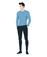 Vector illustration of a man in a light blue sweater and dark pants