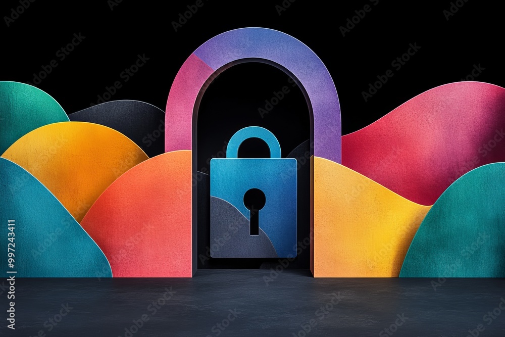 Poster bold abstract landscape with a blue padlock symbolizing encryption security and data protection in a