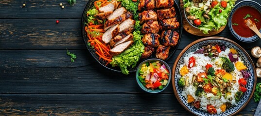 Vibrant Grilled Chicken and Vegetable Spread on Rustic Table