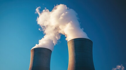 low angle shot of nuclear power plant with cooling towers chimney steaming with blue sky background