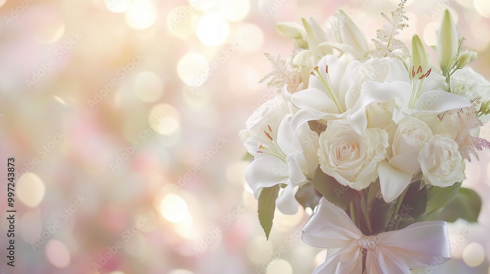 Poster A beautiful arrangement of white roses and lilies tied with silk ribbon sits elegantly against a soft pastel background, creating a serene atmosphere. Generative AI