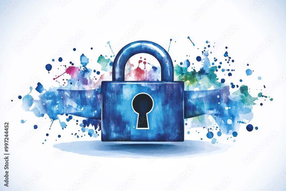 Poster artistic blue padlock with splattered paint background symbolizing encryption data protection and se