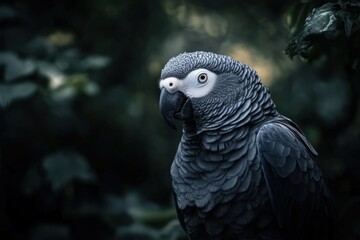 Obraz premium African Grey Parrot in a Lush Forest Setting with Somber Atmosphere