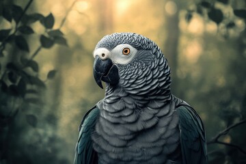 Obraz premium Close Up of African Grey Parrot in Serene Forest Setting