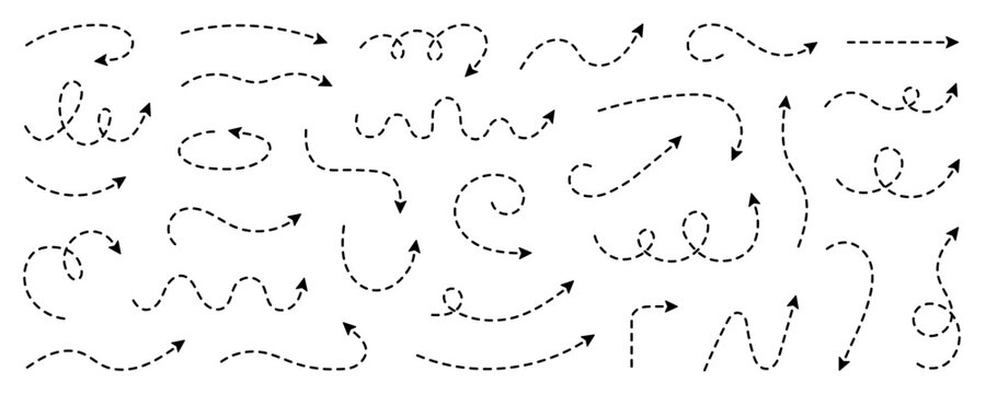 Dash line arrows doodle set.  Dotted zigzag arrow stripes, curved pointers. Hand drawn vector illustration isolated on white background