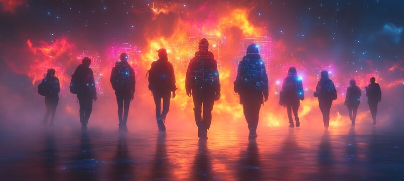 Abstract Circuit Infographic Japanese Coming of Age Day where participants are crowned with glowing digital circuits that trace patterns in the sky symbolizing the journey into adulthood