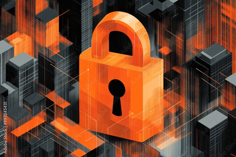Poster bright orange padlock in a futuristic city of glowing orange cubes representing data protection encr
