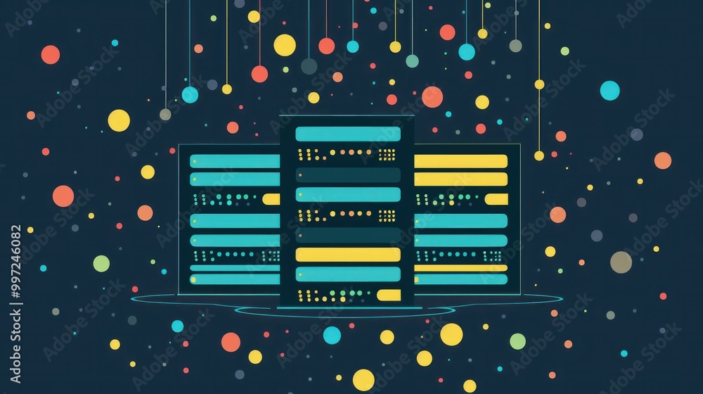 Poster data storage servers in a digital environment filled with colorful dots on a dark background, showca