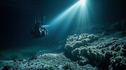 Submersible exploring deep ocean environment.