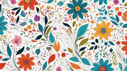 Whimsical Garden: Vibrant, oversized floral illustrations scattered playfully across a white background, creating a lively and cheerful atmosphere.