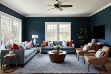 Fototapeta premium Calm Family Room Design with Navy Blue Walls and Modern Furniture