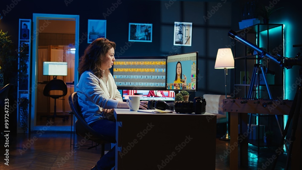 Poster photographer using advanced photo editing software on monitor. photo editor utilizing specialized ph
