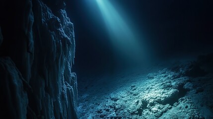 Underwater scene illuminated by a beam of light.