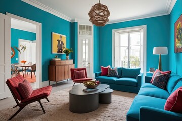 Fototapeta premium Stylish Indoor Living Space with Blue Walls and Trendy Furniture