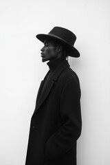 A fashionable figure in an all-black ensemble poses confidently against a pristine white wall, highlighting contrast and style.