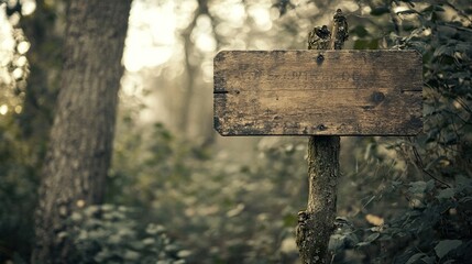 Weathered signpost in a serene forest setting.